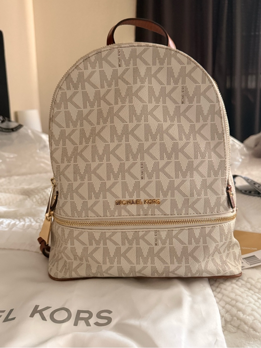 Michael Kors Cream Signature MK Pattern Backpack with Gold Hardware